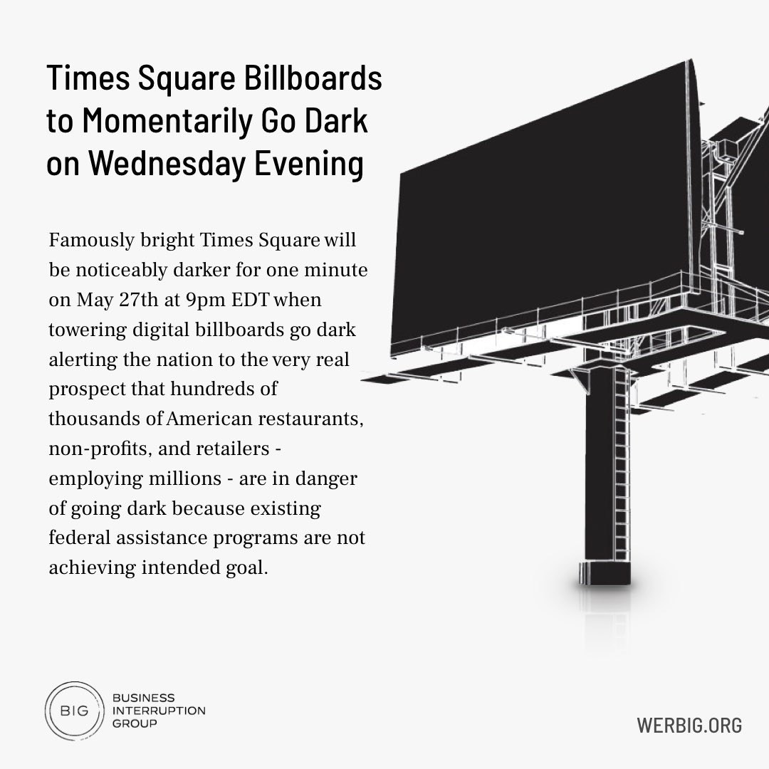 werbigorg's tweet photo. Tonight at 9pm EDT. #DontGoDark #WeRBig #BIG #NYC #TimesSquare #COVID19 #BusinessInterruptionCoverage https://t.co/jFurbL45SE