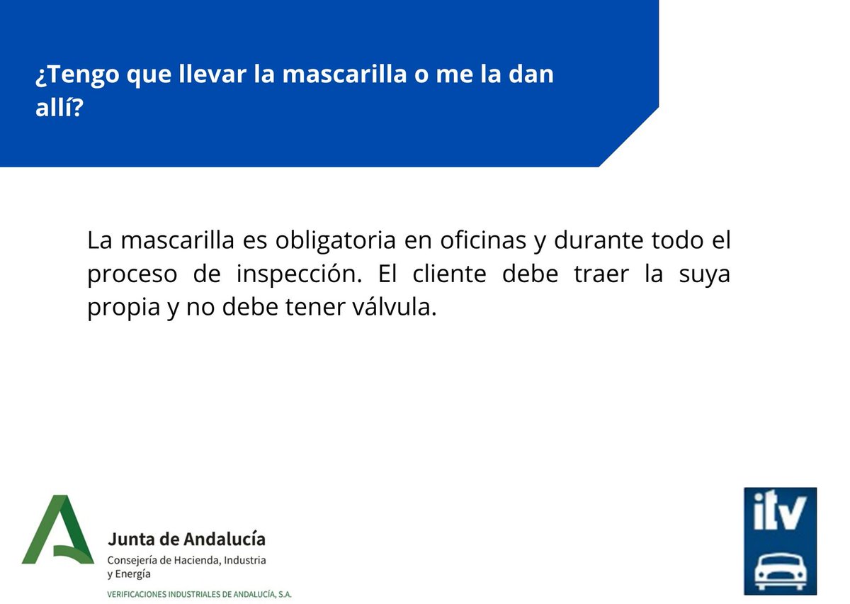 Veiasa's tweet photo. Cuando vengas a pasar la #ITV de tu vehículo, no olvides la #Mascarilla 😷😷
Su uso es obligatorio.
#FAQsVEIASA https://t.co/6F7jKhuple