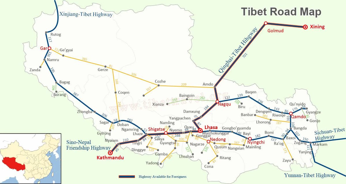 As seen from attached map 3 main highways link it with mainland China.Xining(Qinghai) - Lhasa G109 1917 KM.Chengdu(Sichuan) - Lhasa G318 2144 KM.Kargilik(Xinjiang) - Lhasa G219 2095 KM.Kunming(Yunnan) - Lhasa meets Sichuan Tibet HW at Markam.Map from Tibet travel