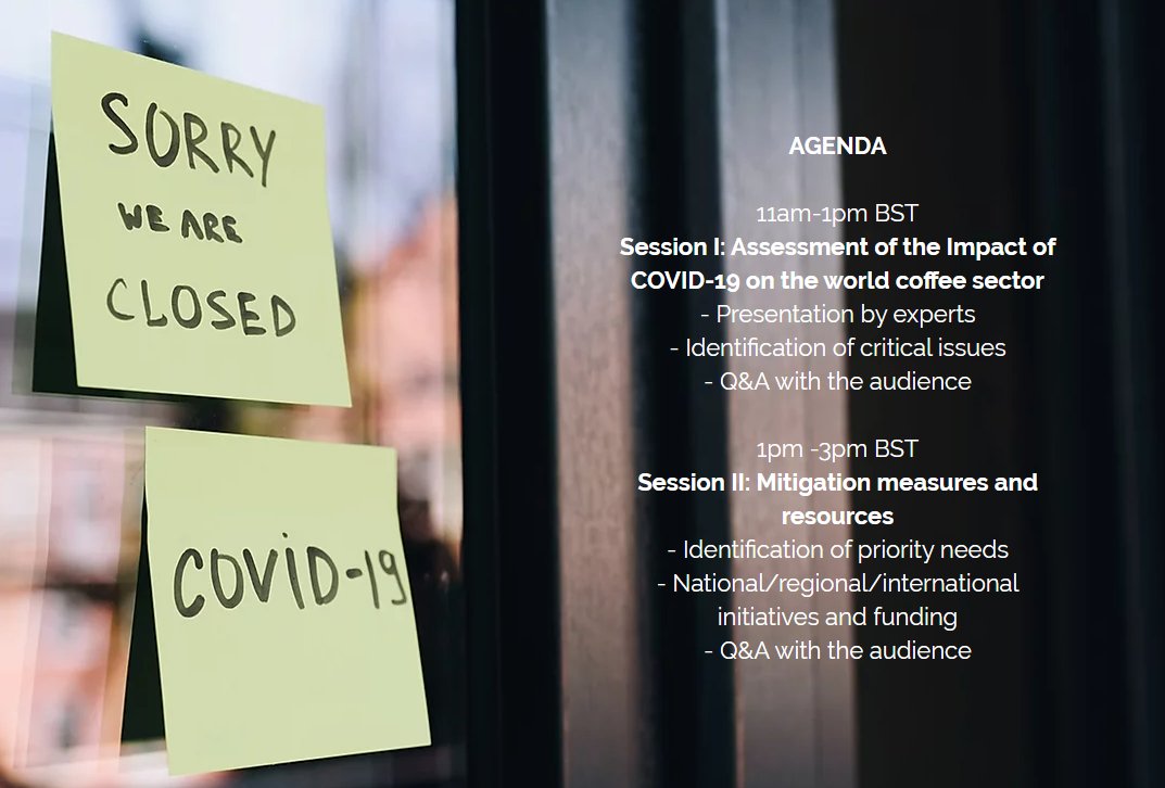 Don't forget to register for the ICO Virtual Seminar on 'Covid-19: Impact on the World Coffee Sector and Mitigation Measures'
June 3rd - Register here: bit.ly/2XopsCS

Including speakers from <a href="/WorldBank/">WorldBank</a> <a href="/Rabobank/">Rabobank</a> <a href="/SCAEUK/">SCA UK Chapter</a> <a href="/FAO/">Food and Agriculture Organization</a> <a href="/EU_Commission/">European Commission</a>

#Coffee
#Covid19