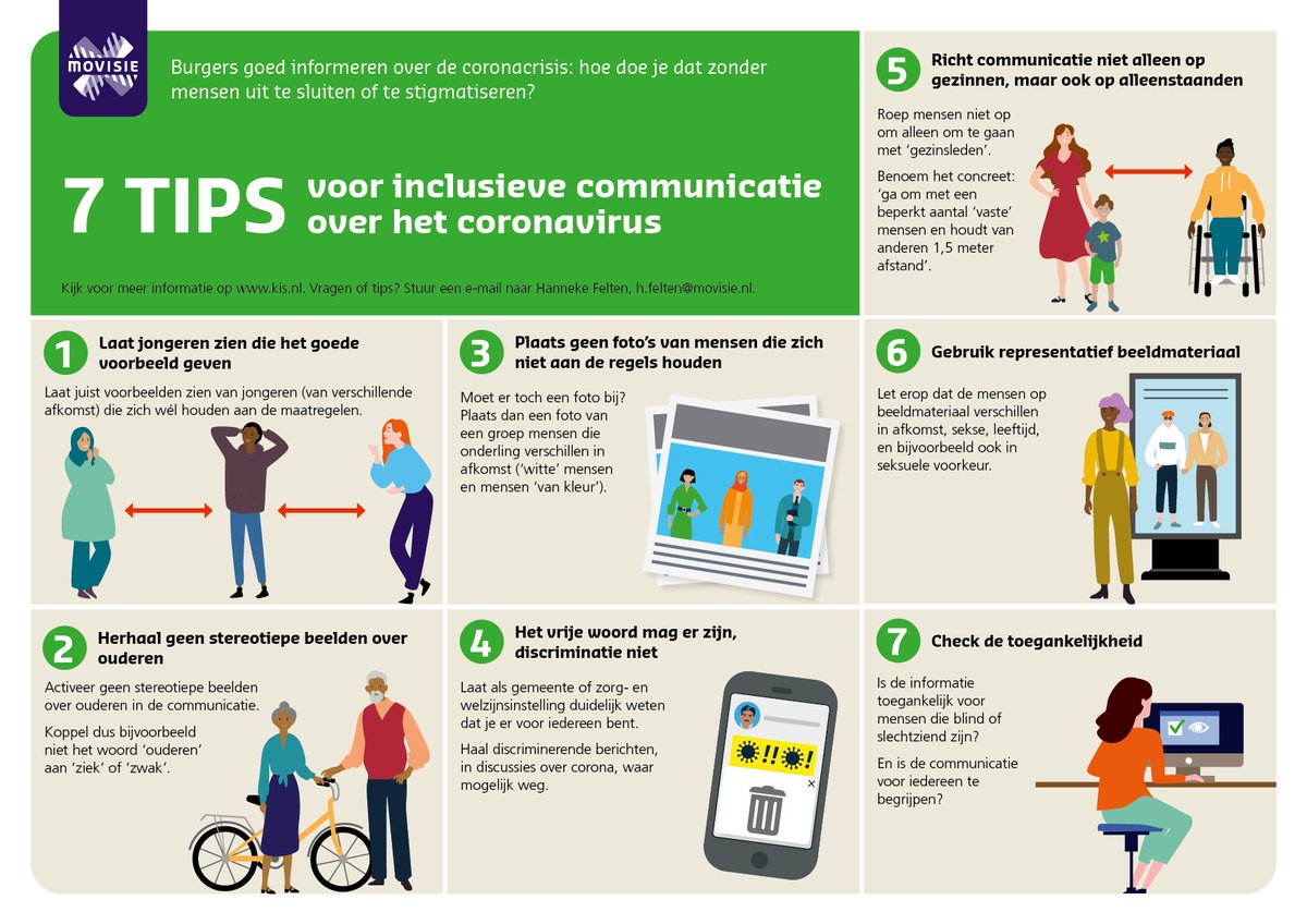 Hoe zorg je voor inclusieve communicatie tijdens deze #coronacrisis? Hoe kun je iedereen goed informeren zonder mensen uit te sluiten of te stigmatiseren? Zeven praktische tips in een infographic: lnkd.in/d4BvGq7