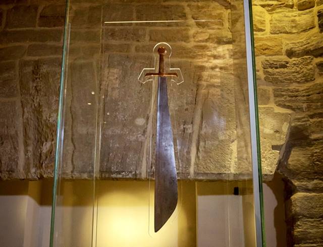 Legend has it that this beautiful sword (known as a falchion) was the very one that killed the Sockburn Worm, a terrible beast that terrorised the local neighbourhood until slain by a certain young man called Sir John Conyers. 1/4