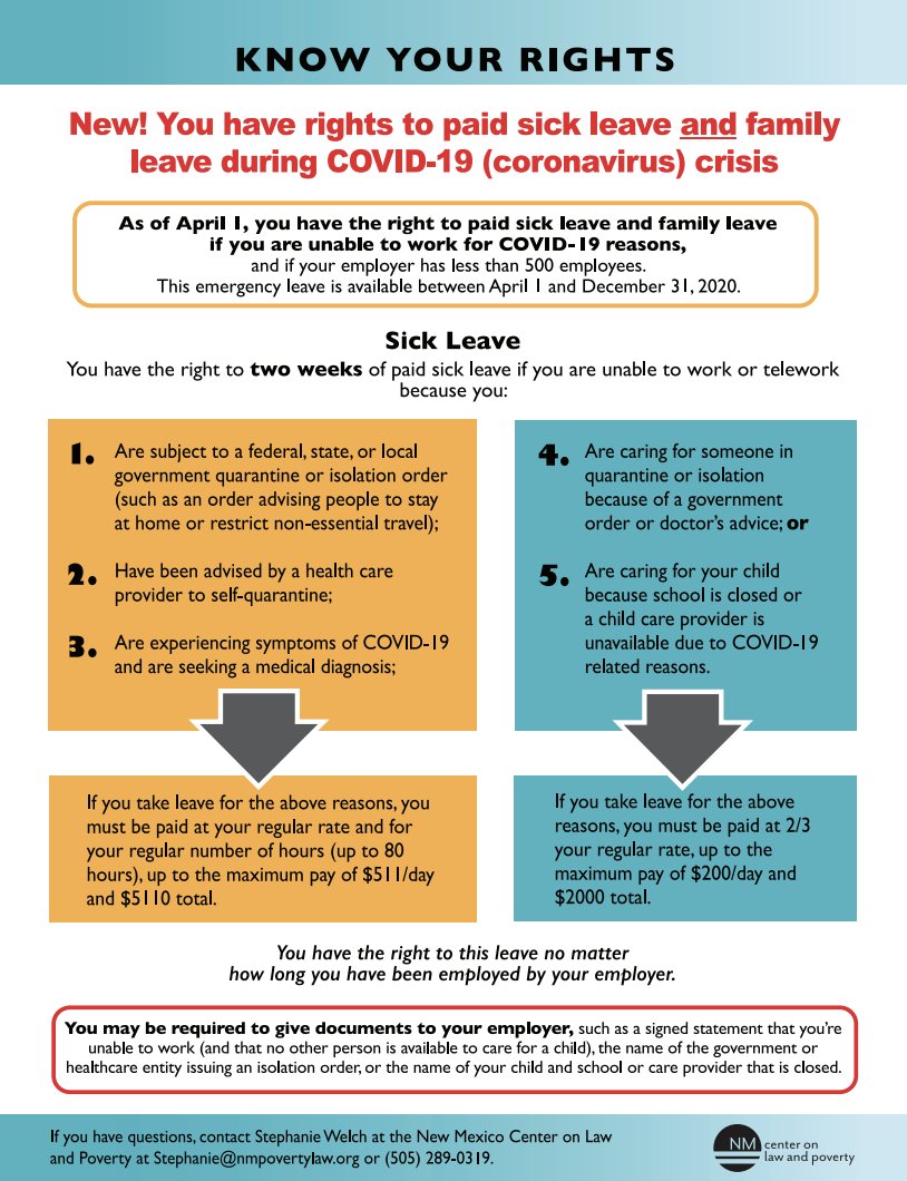 Did you know: ALL workers have the right to federal  #PaidSickLeave AND paid family leave through the end of the year if you are unable to work for any  #COVID19 reasons. Learn more & spread the word!  http://nmpovertylaw.org/workers-rights-covid19/  #CoronavirusOutbreak  #KnowYourRights  #PTO 
