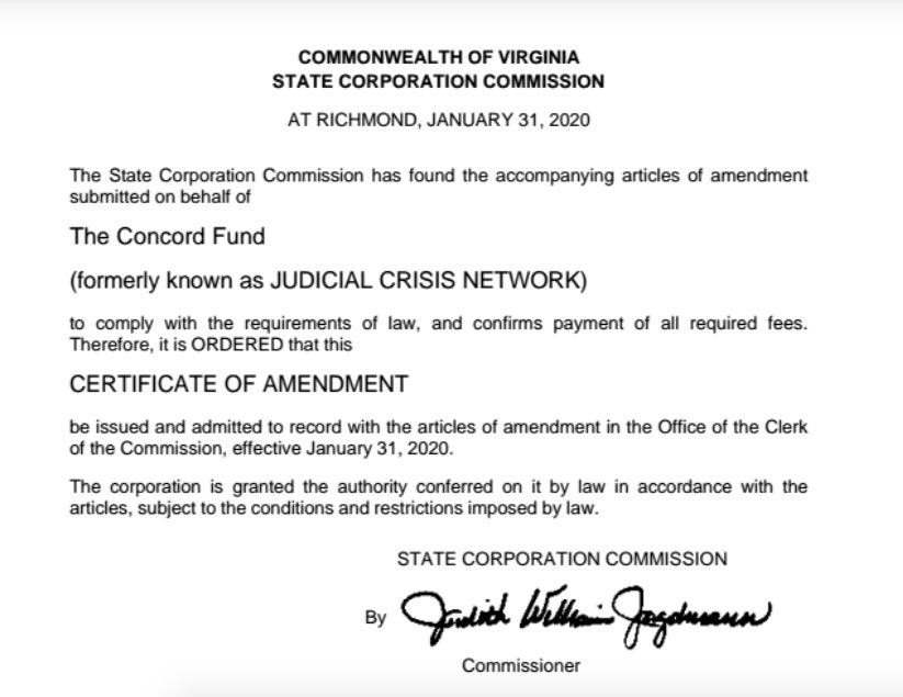 Leonard Leo told  @Axios in Jan a "new conservative network" of 85 & Concord Fund was "inspired" by Arabella & Sixteen Thirty Fund. Their "dark money" network spent millions as Demand Justice, a liberal counterweight to Judicial Crisis Network. Docs reveal Concord Fund **IS** JCN.  https://twitter.com/opensecretsdc/status/1265637244091629569