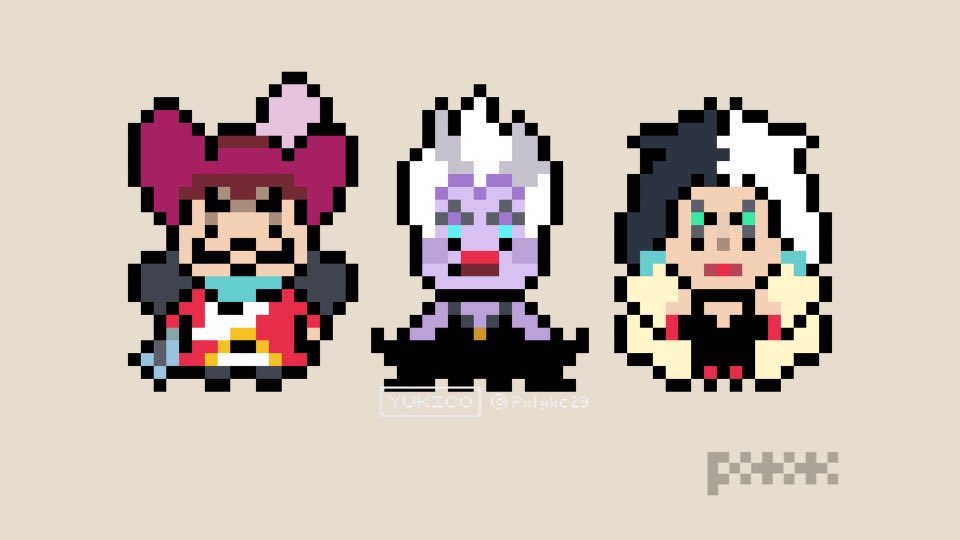 ヴィランズな世界 ドット絵 Pixelart Disneyvillains フック船長 アースラー クルエラ ディズニーヴィランズ