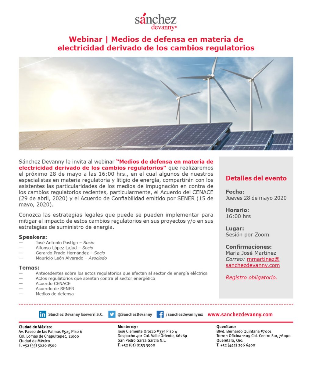 MrMejiaCosenza's tweet photo. Los invitamos a este Webinar sobre los medios de defensa contra los cambios regulatorios del marco energético. @CANACINTRAqro @CANACINTRAMex @Coparmex @CanChamMx @Camfranmex @IMCP #coparmex #renewableenergy #solarpower #windpower @IBAnews @ABANews #SANCHEZDEVANNY @sanchezdevanny https://t.co/41ojv8Vzq0