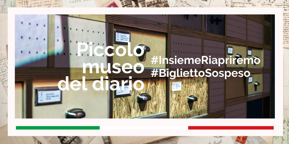 🎟 Anche <a href="/museodeldiario/">Piccolo museo del diario</a> ha aderito a #BigliettoSospeso. Sosteniamolo insieme donando uno o più #BigliettiSospesi. Tutti i dettagli e gli altri enti aderenti all'iniziativa qui 👉 bit.ly/2wyCIf6 
#InsiemeRiapriremo
<a href="/angeloargento/">Angelo Argento Arjant</a> <a href="/cultura_italiae/">Cultura Italiae</a> <a href="/Adarrigo/">Angela D'Arrigo</a> <a href="/ariannae7/">Arianna Errico</a>