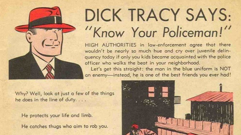  #comics  #juveniledelinquencyChester Gould was the son of a preacher man, and created Dick Tracy when he was about 30. This post WWII PSA (and I don't know who wrote it) has Dick Tracy comment on juvenile delinquency. Tracy's solution: Know your local beat cop