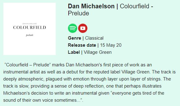 fridayriff's tweet photo. One of our recommendations from last Friday was Dan Michaelson's "Colourfield - Prelude"

Review below | Listen here: https://t.co/lOCSSJ65Nx 

#newmusic #NewMusicFriday https://t.co/X2T8abB3uT