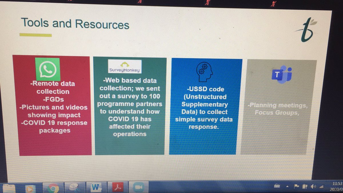 BridgeProjectSA's tweet photo. Nyaradzo from @Tshikululu takes us through a presentation on #Covid_19 Remote Data Collection. These tools and resources are being used at the moment. @KhulisaMS @SAMEA_ZA https://t.co/i7dX6xh4F6