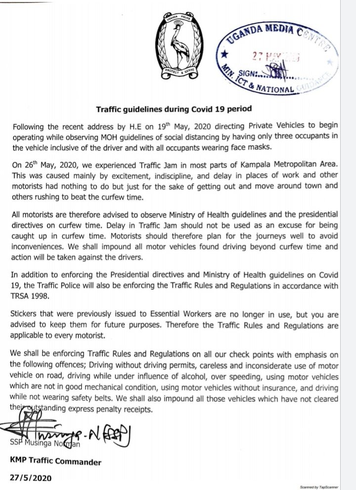 GovUganda's tweet image. Statement by @PoliceUg on the traffic guidelines during #COVID__19 period
 @AKasingye @OfwonoOpondo @JudithNabakoob1 @UPDFspokespersn @MinofHealthUG @nbstv @ubctvuganda @ntvuganda @newvisionwire @GCICUganda @OgwangOgwang @cdfupdf