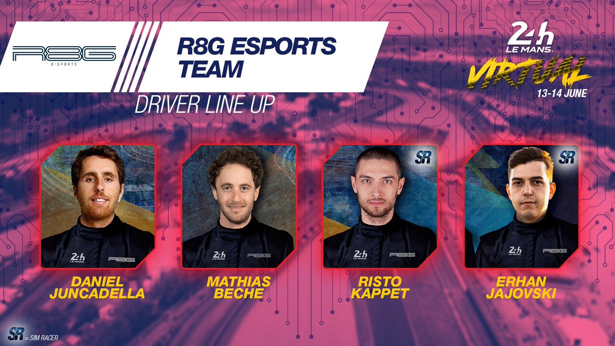 Let's welcome <a href="/r8gesports/">R8G eSports</a>' lineup, composed of <a href="/dani_juncadella/">Dani Juncadella</a>, <a href="/MathiasBeche/">Beche Mathias</a>, <a href="/ristokappet/">Risto Kappet</a> and <a href="/ErhanJajovski/">Erhan Jajovski</a>. Who's coming next? 😏

#WEC #LeMans24Virtual
