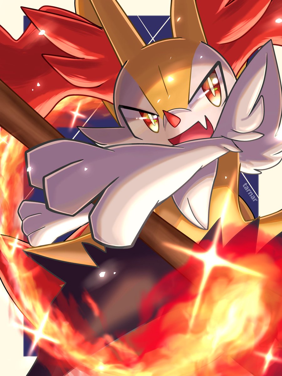 braixen stick pokemon (creature) holding stick solo animal ear fluff open mouth holding  illustration images