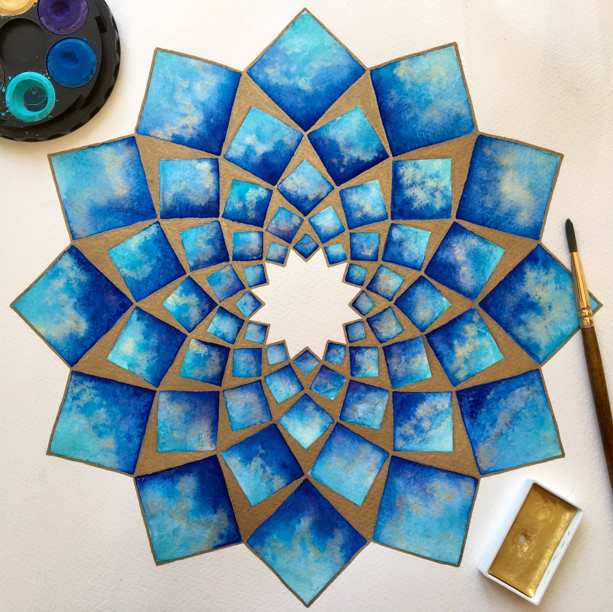I knew I wanted to construct the almond-shaped version of the diminishing squares mandala that I’ve painted before (below).