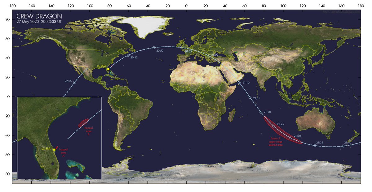 If you’re in Europe you should be able to spot the Dragon and the Falcon 9 rocket (two bright points of light) around 20 minutes after launch low down in the sky moving West to East (around 9:50 UK time). https://twitter.com/chrislintott/status/1265526818037272576?s=20