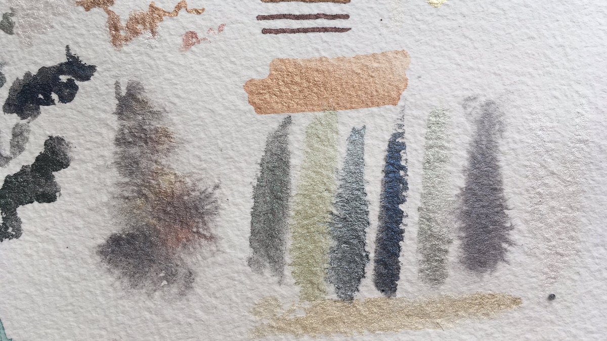 I wanted to try out my new Finetec Coliro PearlColours, so I had a quick play on a spare bit of watercolour paper. I ended up chosing a green, blue and copper combination.