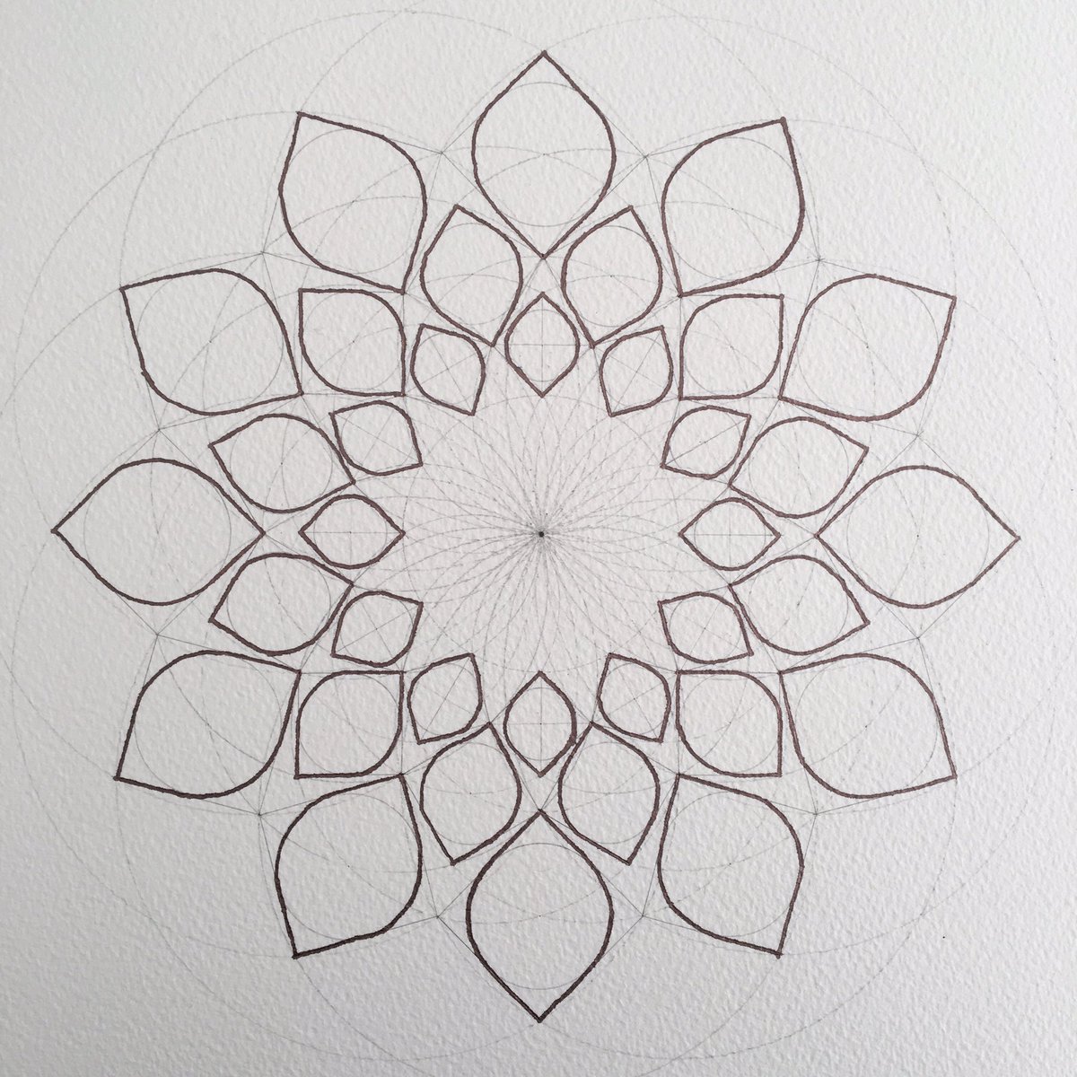 I first outlined in a copper marker. It felt a bit empty in the middle, so I decided to pick out a flower shape from the underlying circular grid. Still unsure about this decision! At this stage I thought I’d ruined it, but it has grown on me.