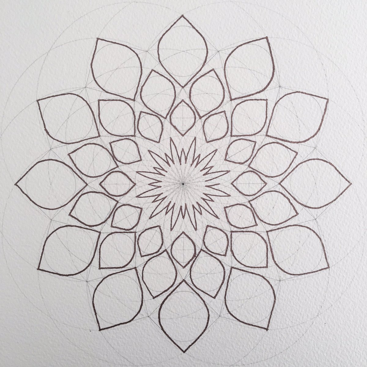 I first outlined in a copper marker. It felt a bit empty in the middle, so I decided to pick out a flower shape from the underlying circular grid. Still unsure about this decision! At this stage I thought I’d ruined it, but it has grown on me.