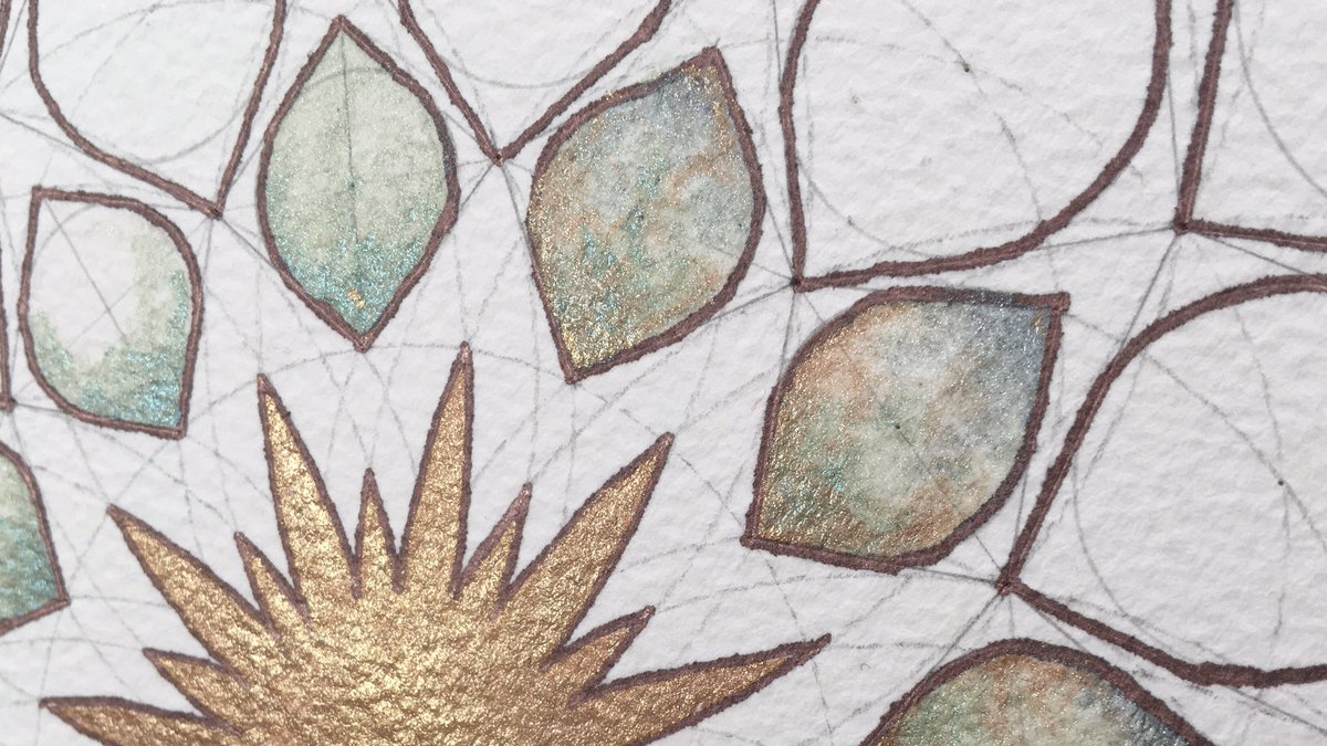 Then I dove in. No idea what to do with that central flower, which I hated at this stage, so I just coloured it all in with copper Finetec paint - job done! Then I started to play with the ‘petals’.