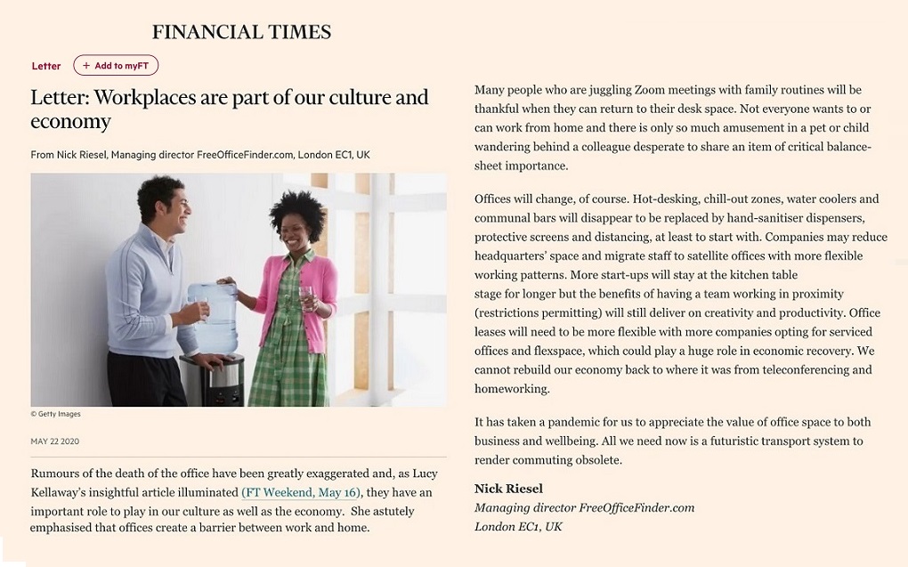 officefinders's tweet photo. "It has taken a pandemic for us to appreciate the value of office space to both business and wellbeing". The Financial Times published a letter that our MD, Nick Riesel, wrote to the editor about the importance of the workplace.
https://t.co/VXJEfxaM2M
#flexspace #workplace https://t.co/1mDu4YLpwT