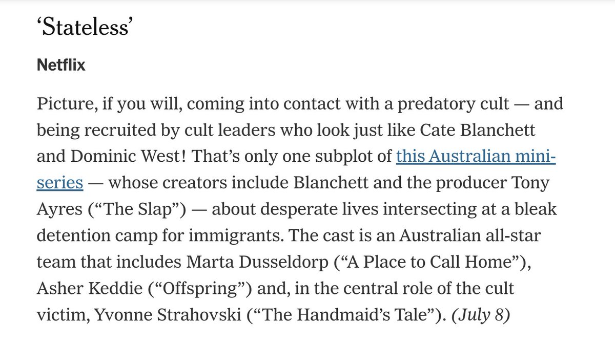 #StatelessTV is coming to <a href="/netflix/">Netflix</a> on July 8. | <a href="/nytimes/">The New York Times</a> <a href="/nytimesarts/">New York Times Arts</a>

nytimes.com/2020/05/27/art…

#Stateless
<a href="/Y_Strahovski/">Yvonne Strahovski</a>
#YvonneStrahovski
#cateblanchett
<a href="/elise_mccredie/">elise mccredie</a>
<a href="/ABCTV/">abctv</a>
