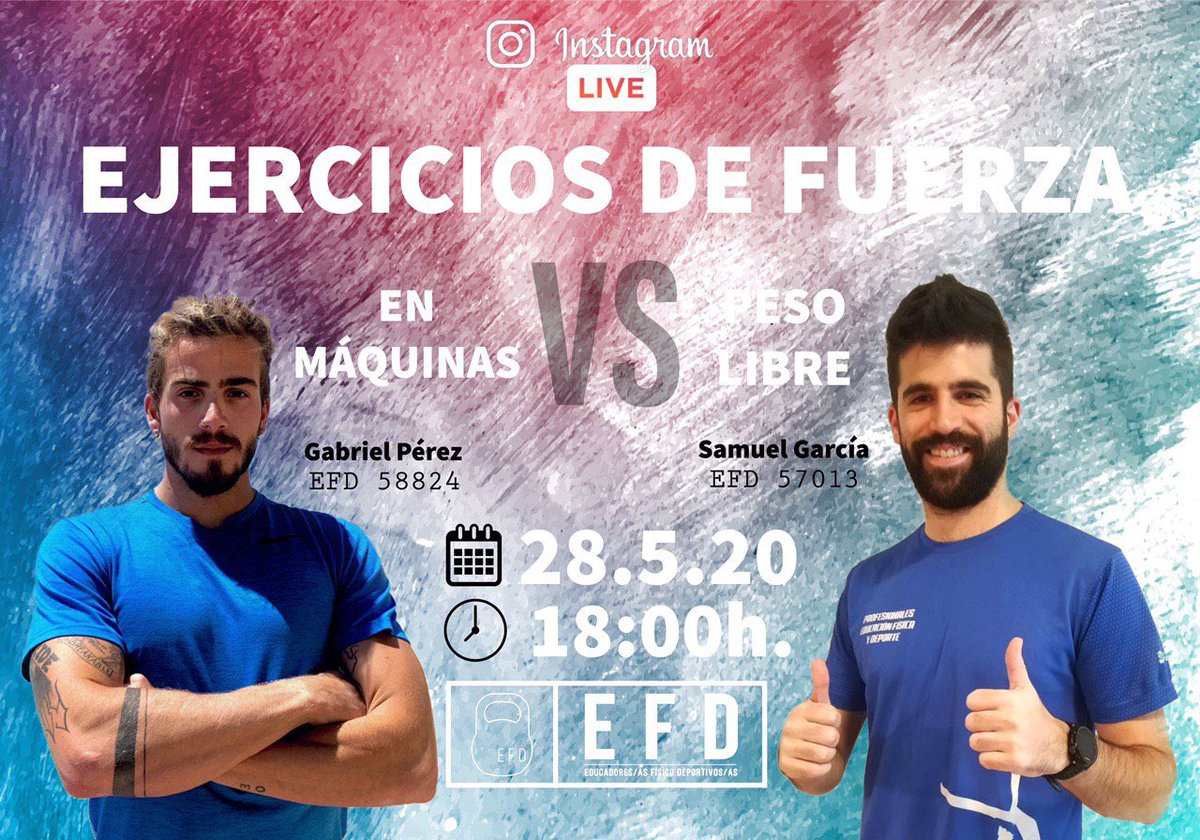 GrupoEFD's tweet photo. #CharlasGrupoEFD
Entrenamiento de Fuerza

🔸Máquinas VS Peso Libre🔸

📅28.05.20
⏰18:00h.

#instaLive
👨🏼‍🦱@Gabriel_Salud 
👨🏽@samucalderas
⚠️Recuerda que la charla se realiza en directo desde sus cuentas de #instagram
(Samucalderas) 
(entrenamientosaludable1) https://t.co/YmeW8bwiKq