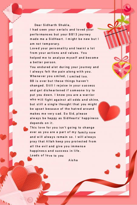 This Sweet letter is from  @Aishu_3191 It's her first letter for you, and she poured her heart out here..She is really the sweetest one out here. @sidharth_shukla