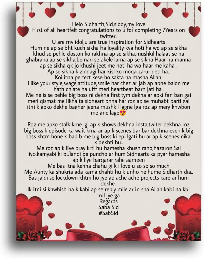 This adorable letter is from  @SabaGulgmailCo2 She poured her heart out and covered everything she learned from you and loves about you.. @sidharth_shukla