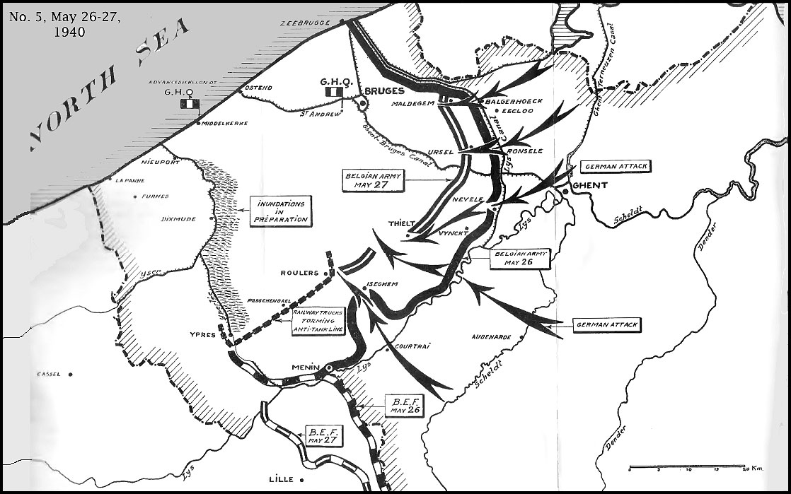 27 May 1940 (cont): "2000hrs Germans very close, so immediate evacuation of position ordered.Arrived Lambersart 2200 and bivouaced in former billets. All guns safe. 209 Bty truck driver shot through arm - vehicle ditched and abandoned. 209 Y2 shot in both tyres and turned over."