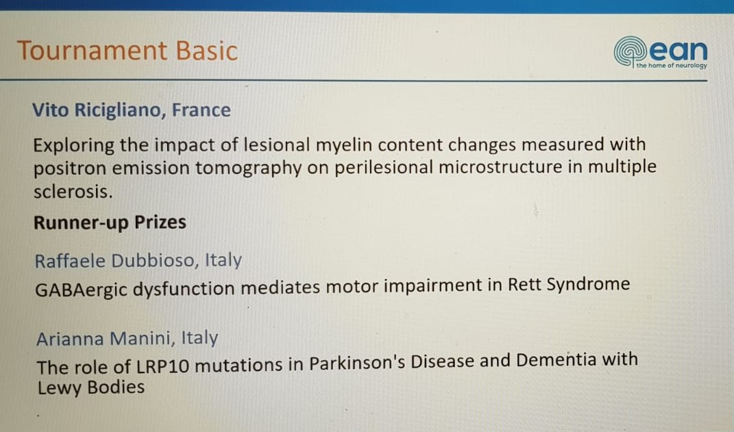 Congratulations to Vito Ricigliano for winning the tournament basic of #EAN2020. And also to @RaffaeleDubbio3 and Arianna Mannini for their runner-up prizes. Proud that you represent Italian #Neurology  at his best!
<a href="/EANeurology/">European Academy of Neurology</a>