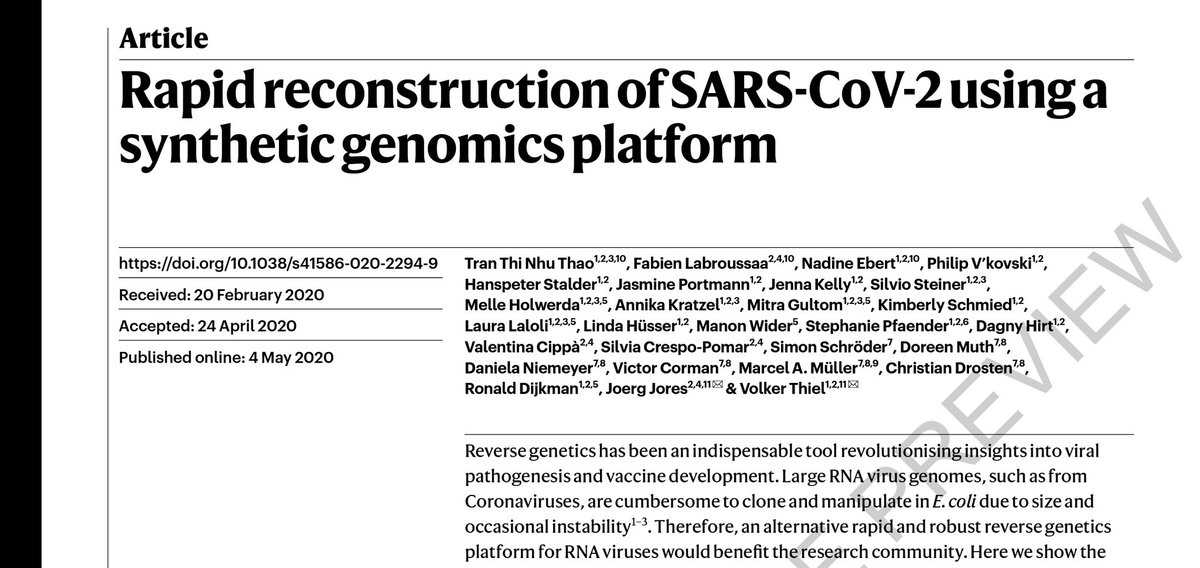 5. Now to the HUGE risks of  #SyntheticBiologyOn May 4th,  @nature published pre-release paper on how the entire  #SARS-CoV-2 virus had been synthesised in a Swiss lab https://twitter.com/EricTopol/status/1257308191064379395?s=19