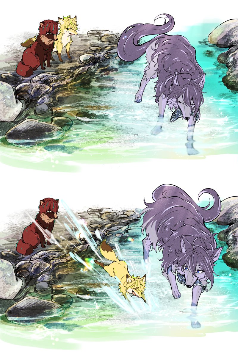 獣化 狸と狐子育てする狼6 ご飯調達と水浴び 鮭川のイラスト