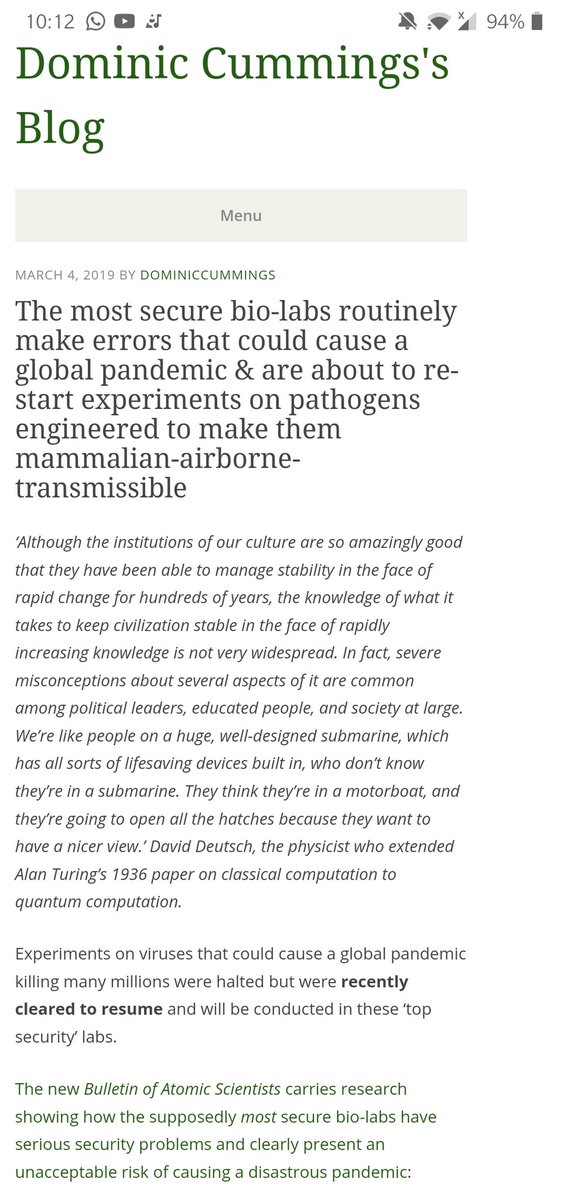 3. However,  #Cummings blog is interestingIt DID warn of biosecurity risks, and how "routine errors" could lead to a global pandemic.  Here is opening paragraph https://web.archive.org/web/20200408220215/https://dominiccummings.com/2019/03/04/the-most-secure-bio-labs-routinely-make-errors-that-could-cause-a-global-pandemic-are-about-to-re-start-experiments-on-pathogens-engineered-to-make-them-mammalian-airborne-transmissible/