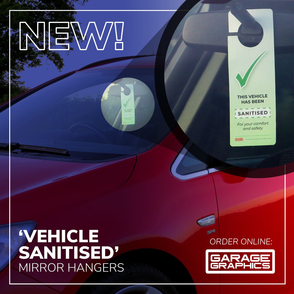 Our new 'Vehicle Sanitised' mirror hangers are perfect for customer reassurance and staff awareness. Available in various pack sizes. Order online from our website or ebay #224024694675. #garagemarketing #covid19 #cardealer #independentgarage #mot