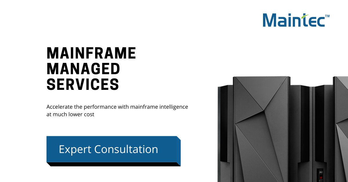 Maintec_Tech's tweet image. Specialized in IBM Mainframe consulting. Maintec aims to handle complex systems and resource challenges while driving down the Total Cost of Ownership (TCO).
Talk to an expert today! For more info visit- lnkd.in/fptw_27
#mainframe #mainframeservices