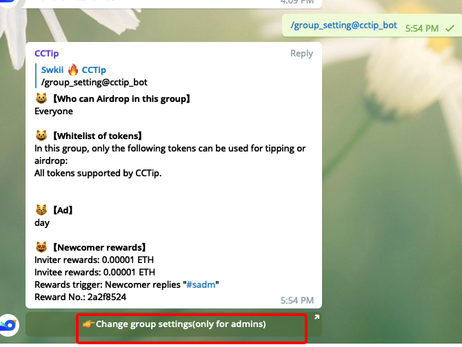 🤔Don’t know how to set up Newcomer reward in your group?
🤔Having a hard time to memory the commands?

Try this! Manage you Telegram group with CCTip in a minute!  🥳
my.cctip.io/telegram/group…

<a href="/cctip_io/">cctip</a> lucky 0.01 ETH 5