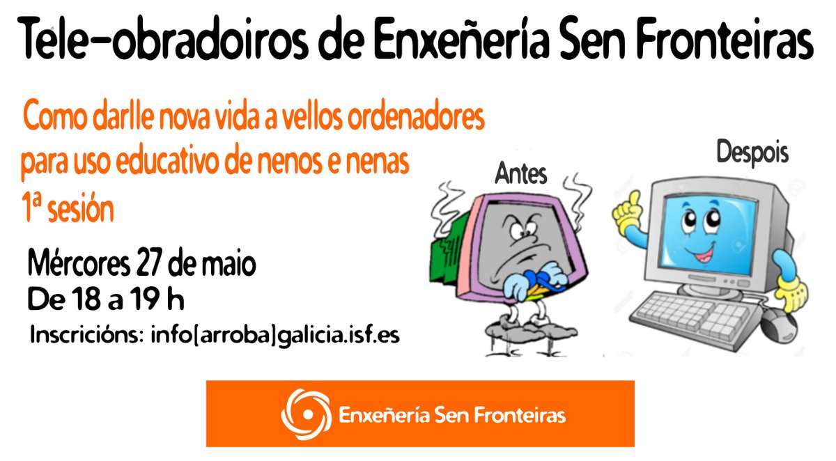 Até ás 16h aínda te podes inscribir no tele-obradoiro de hoxe das 18h "Como darlle nova vida a vellos ordenadores para uso educativo de nenas e nenos".Un ratiño antes de que empece mandámosche o enlace para conectar.Aquí mais info▶️💻🖥️⌨️🖱️galicia.isf.es/blog/tele-obra…