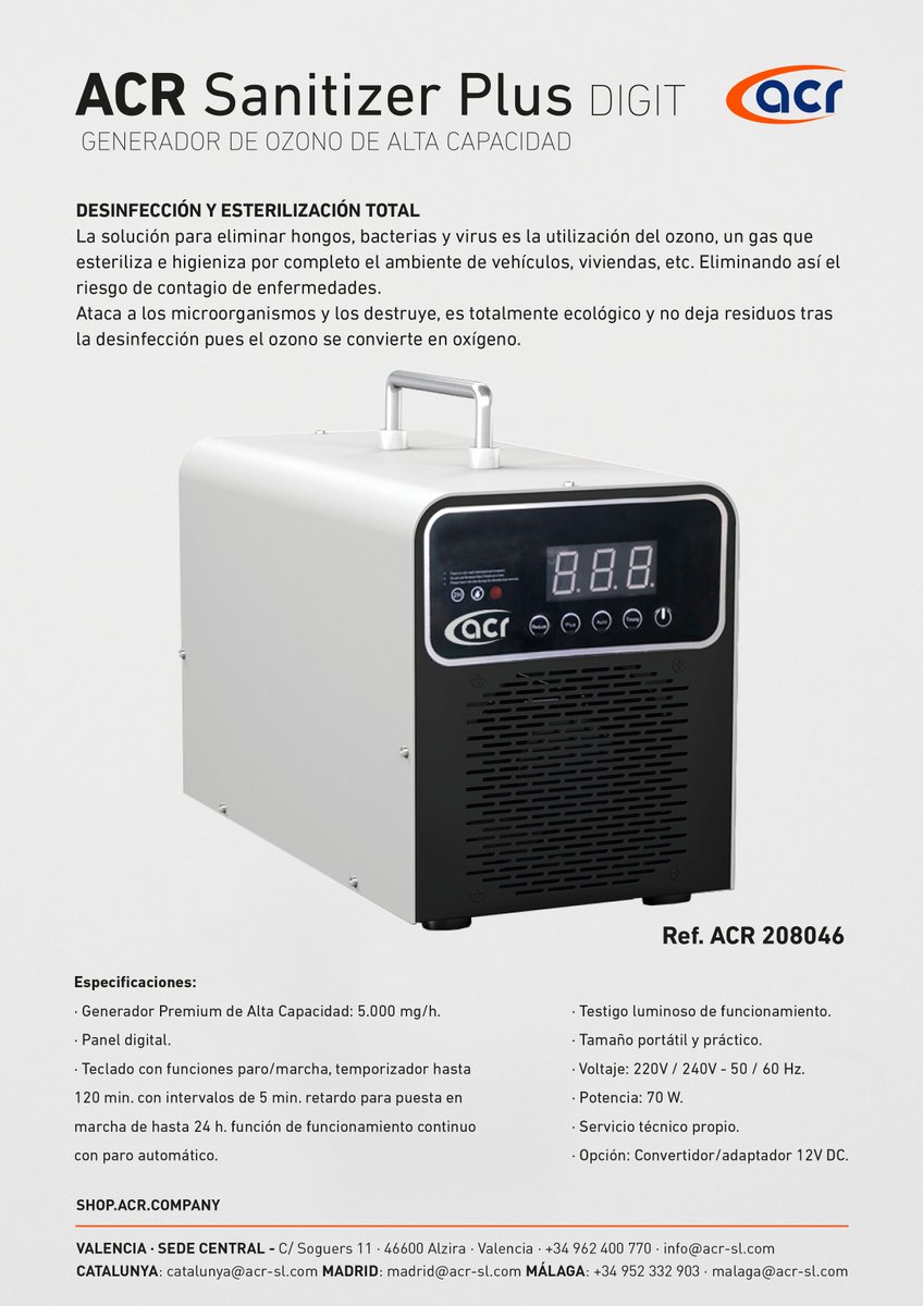 acraire's tweet photo. La mejor desinfección de #interiores como #vehículos, oficinas, viviendas, etc es el #ozono, enormemente potente y el más eficiente contra todo tipo de microorganismos como #virus, #bacterias, #hongos, etc.
Contacta con tu distribuidor ACR https://t.co/8UF1i5R8SI https://t.co/CoHZFPrTH0
