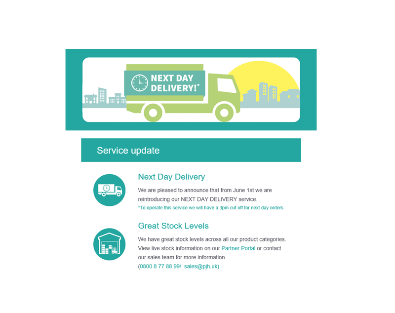 We are pleased to announce some updates on our services for PJH customers, including NEXT DAY Delivery from June 1st!