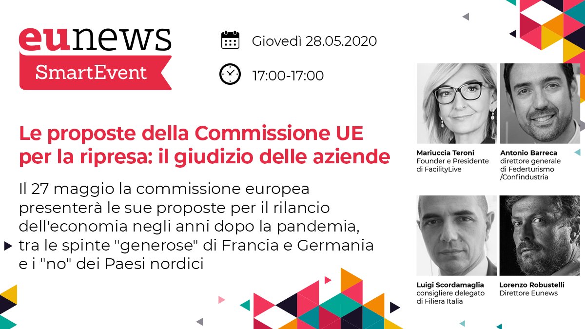 🗓 Nuovo appuntamento con gli #SmartEvent di #eunews.
Domani diamo voce alle aziende, per comprendere l'efficacia delle proposte per la ripresa presentate dalla Commissione UE. Registrati subito. → bit.ly/2ZECizI
📌 #Zoom e live sulla pagina Facebook