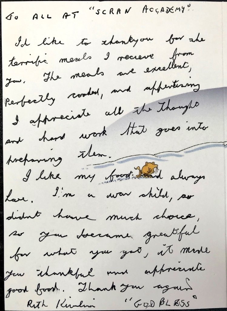 ScranAcademy's tweet photo. Here's a #ScranStory of how we help. Feedback like this blows us away:

"To my saviours at Scran...I'm a war child &amp; didn't have much food, so you become grateful for what you get... Thank you for the terrific meals, they are perfectly cooked."
#ScranMeals https://t.co/zfmR3HFjWB