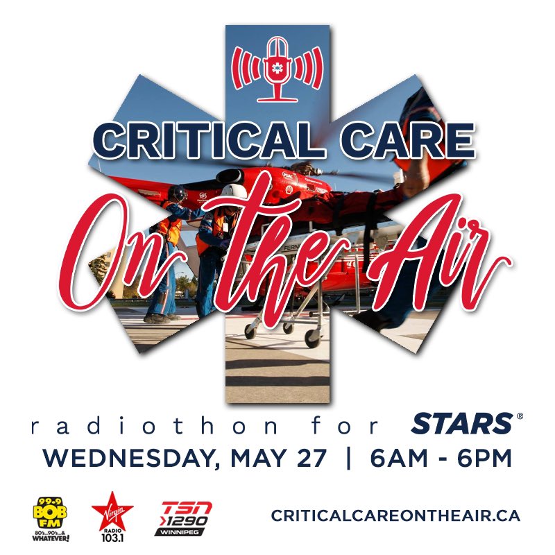 VirginRadioWPG's tweet photo. Today is our Critical Care On-The-Air Radiothon, in support of @STARSambulance - today, we highlight STARS' life-saving services -
Please consider donating:
☎️ 1-877-57-STARS (577-8277) 
📱 text 'STARS' to 45678 (to donate $20) 
💻 https://t.co/xvdo7wjcWT https://t.co/zkY9xK4Tet