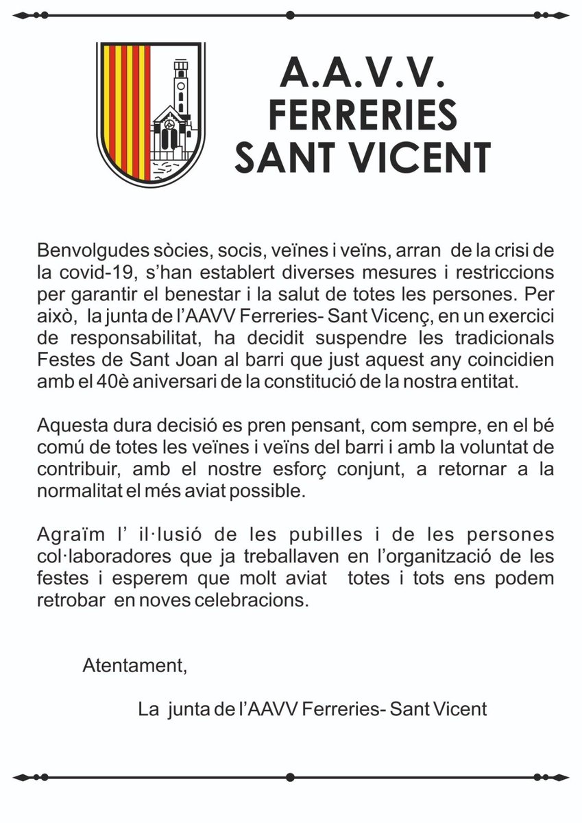 Comunicat de l'AAVV Ferreries-Sant Vicent envers l'anul·ació de les Festes de Sant Joan 2020 #Ferreries #Tortosa #SantJoan