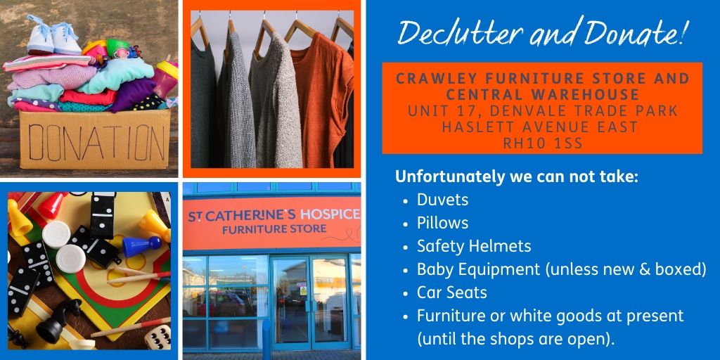 StCHospice's tweet photo. Have you had a clear out during lockdown? De-clutter and donate!
From tomorrow, we will be accepting donations of your good quality unwanted items at our warehouse in #Crawley.π§‘
#TheLifeChangingMagicofTidying #Donate #time2organise #Recycle https://t.co/QRUDpyIWw6