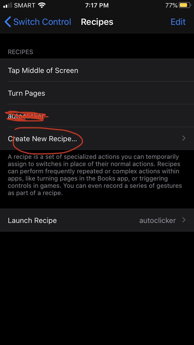 Then go back, go to recipes, then tap “create new recipes” then name it however you want. I suggest “autoclicker”