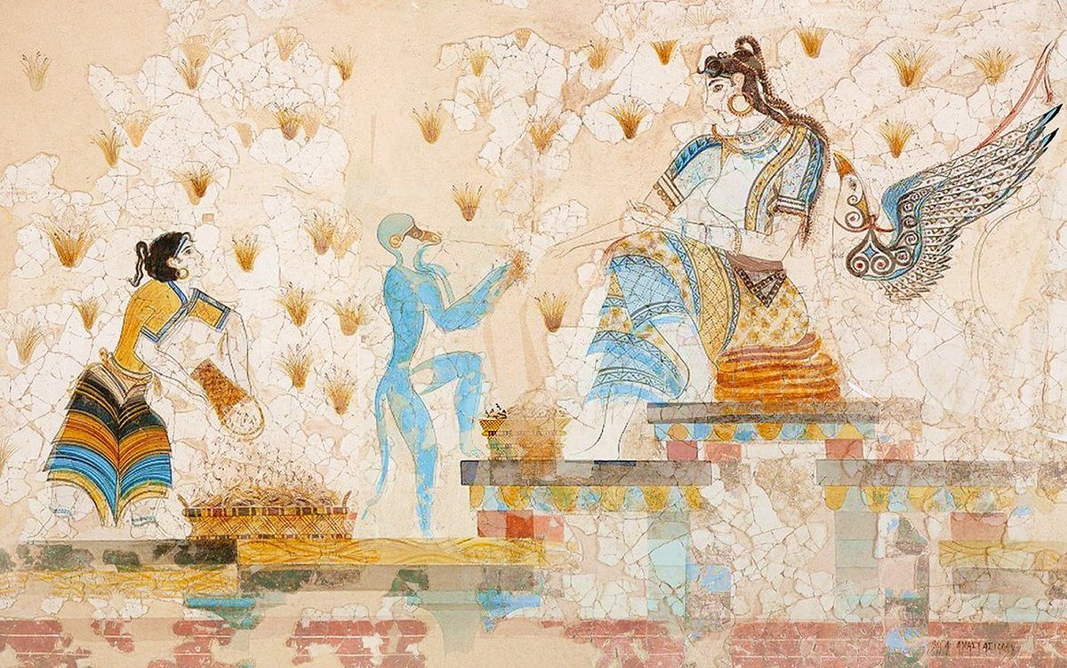 These extensively restored and recreated panels have been the source of much discussion on the dress and significance of women in Minoan Crete, as has the 'Mistress of Animals' Fresco, also from Xeste 3.