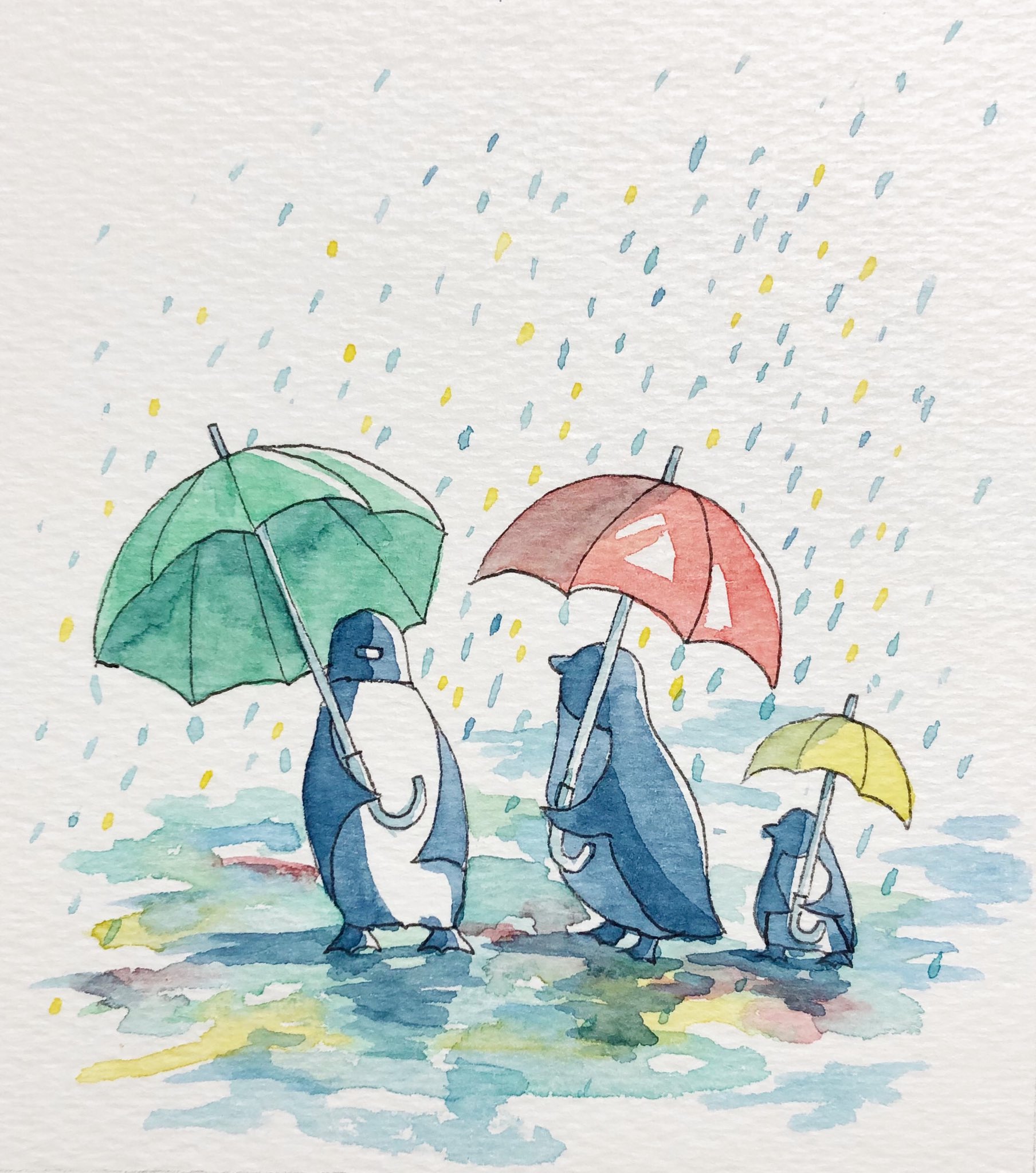 ペンギンラッシュ 雨とペンギン ペンギン イラスト 水彩画 T Co Tqpavgyodi Twitter