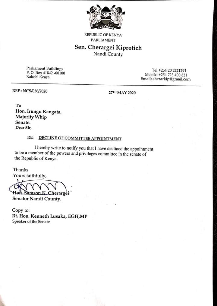 CaptainDominicO's tweet photo. Senator Cherargei writes to Majority Whip declining the appointment to serve in the power and privileges committee. https://t.co/c2a3BLm2wv