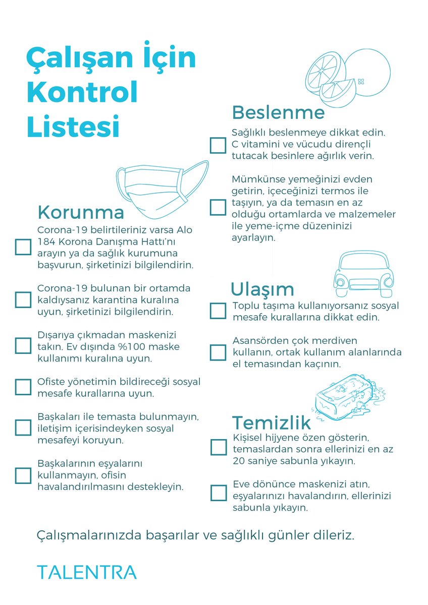 Talentra's tweet photo. Normalleşme sürecinde ofislere dönerken nelere dikkat etmemiz gerekir?

Talentra ekibi olarak hem yöneticilere hem de çalışanlara yönelik kontrol listelerimizi bulabilirsiniz.

Listelerin pdf dosyasına LinkedIn sayfamızdan ulaşabilirsiniz: https://t.co/SxpETMRHB1 https://t.co/mYv3iZsbdt