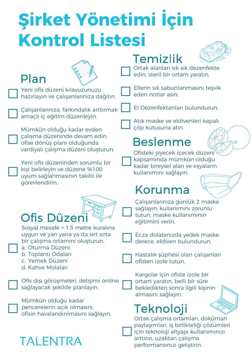 Talentra's tweet photo. Normalleşme sürecinde ofislere dönerken nelere dikkat etmemiz gerekir?

Talentra ekibi olarak hem yöneticilere hem de çalışanlara yönelik kontrol listelerimizi bulabilirsiniz.

Listelerin pdf dosyasına LinkedIn sayfamızdan ulaşabilirsiniz: https://t.co/SxpETMRHB1 https://t.co/mYv3iZsbdt